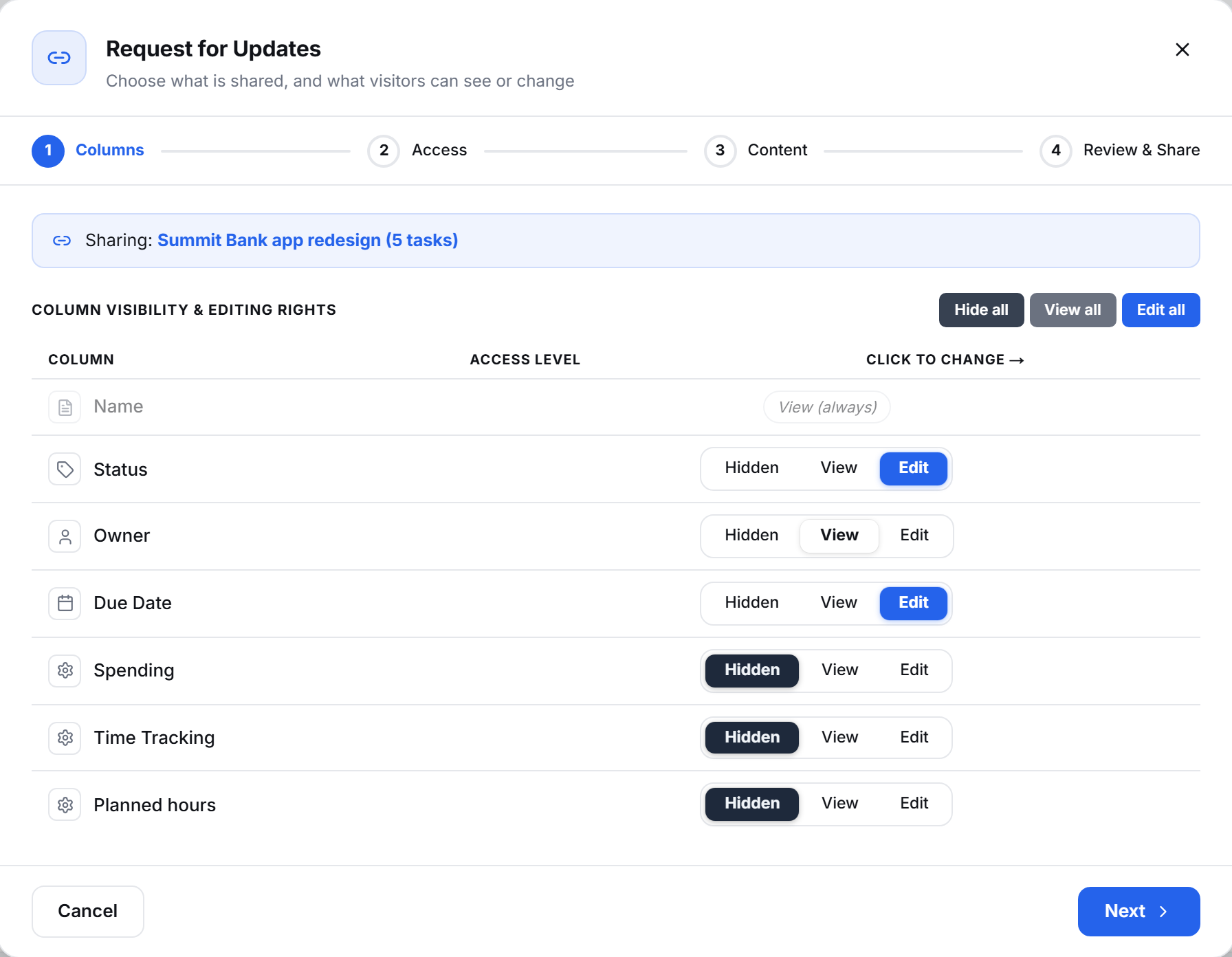 The Update Request builder. Status and Due Date are set to Edit, Owner to View, and Spending, Time Tracking and Planned hours to Hidden.