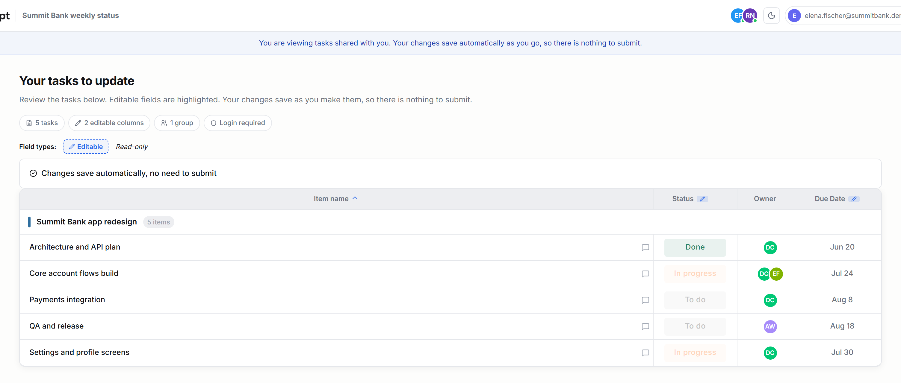 The client's view: five tasks, two editable columns marked with a pencil, and a note that changes save automatically.